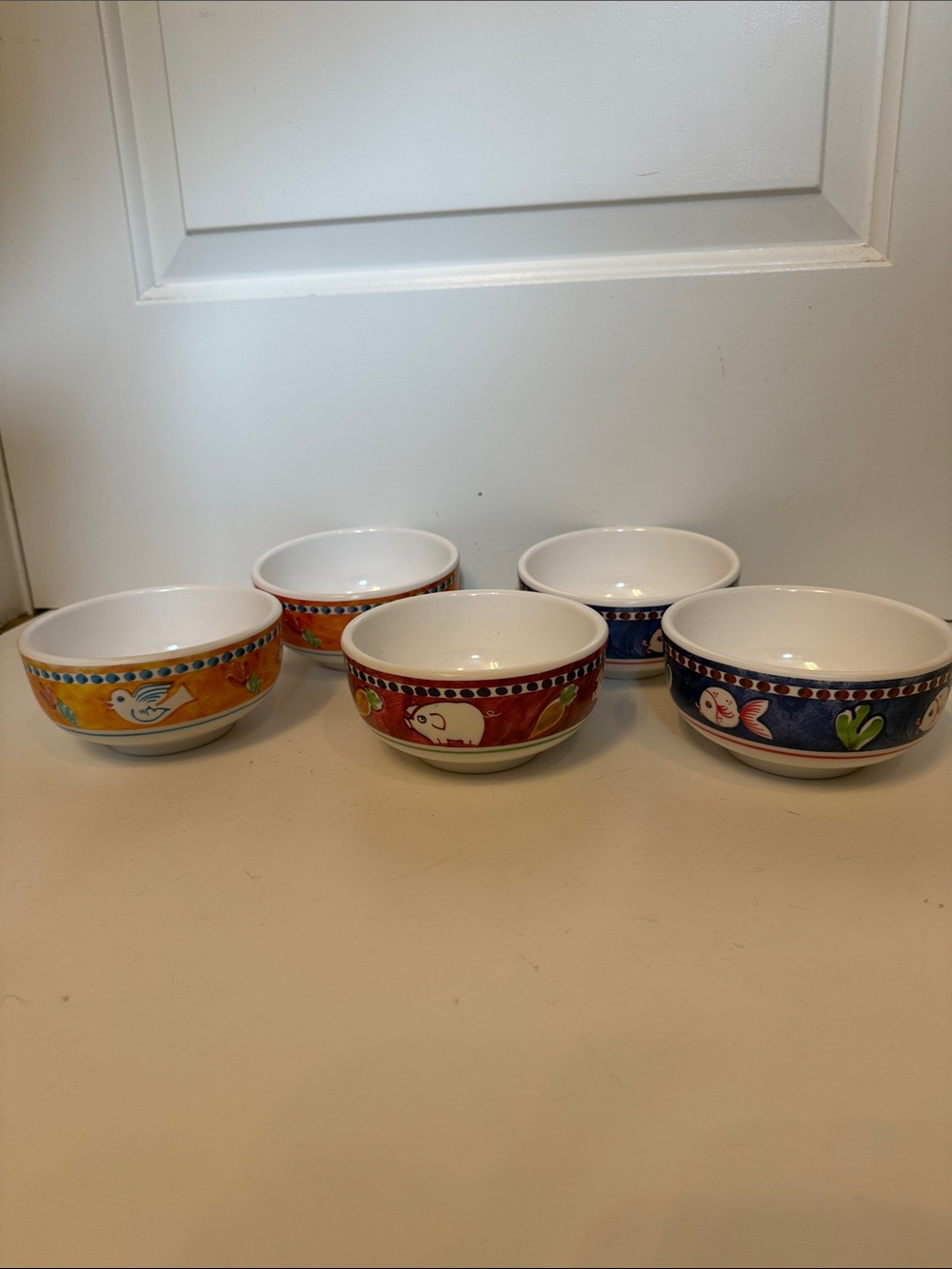 VIETRI MELAMINE CAMPAGNA SET OF 5 NEW CEREAL SOUP BOWL FISH BIRDS PIG ITALY